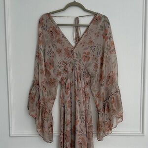 Dress Forum Dusty Peach Floral Maxi Dress with Bell Sleeves